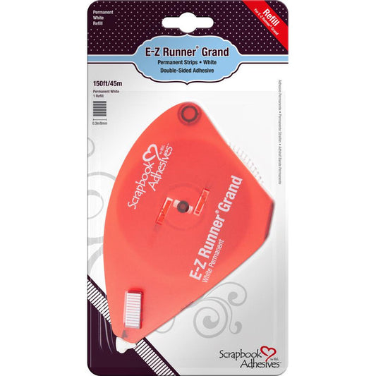 Scrapbook Adhesives - E-Z Runner Grand Adhesive - Refill Permanent - .3"x150'. This high tack, ultra strong double-sided adhesive is great for straight lines and curves. Use with E-Z Runner Grand Adhesive (sold separately). This package contains one E-Z Runner Grand Adhesive refill with 150 feet of 3/10 inch wide adhesive. Imported. Available at Embellish Away located in Bowmanville Ontario Canada.