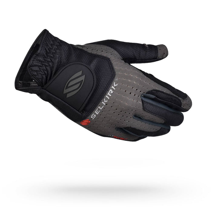 Gray-black cycling glove with SELTRIC logo, perforated textured back and padded knuckle guard, right-hand orientation.