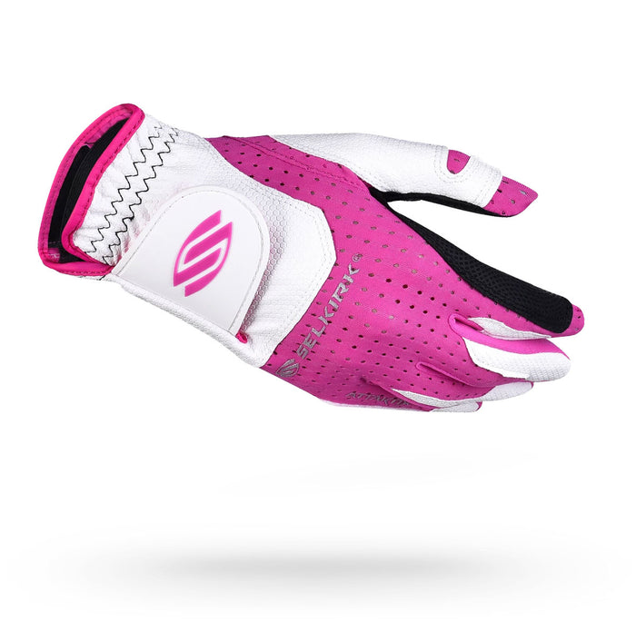 Angled Selkirk pink and white pickleball glove, perforated upper, Velcro wrist strap with logo, black palm accents