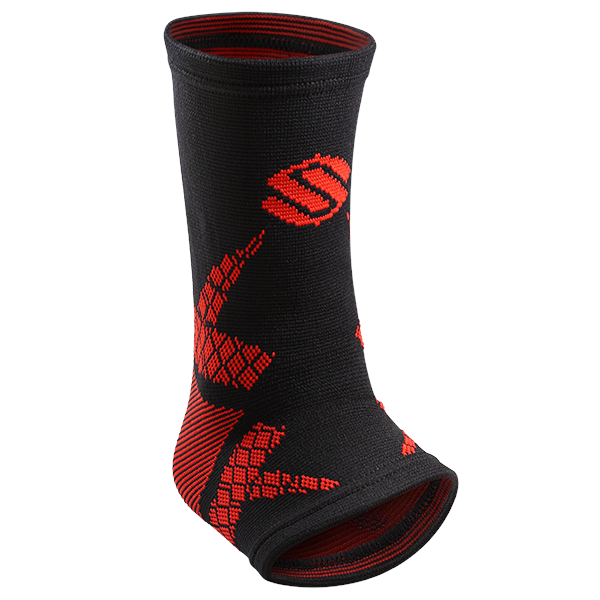 Black knit ankle compression sleeve with red geometric pattern and open heel
