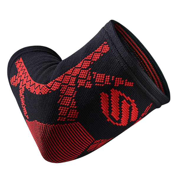 Black and red knitted elbow compression sleeve with geometric knit pattern and stylized 'S' logo
