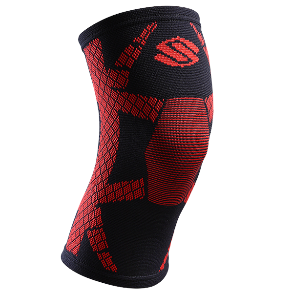 Black knee compression sleeve with red patterned compression zones and reinforced kneecap support