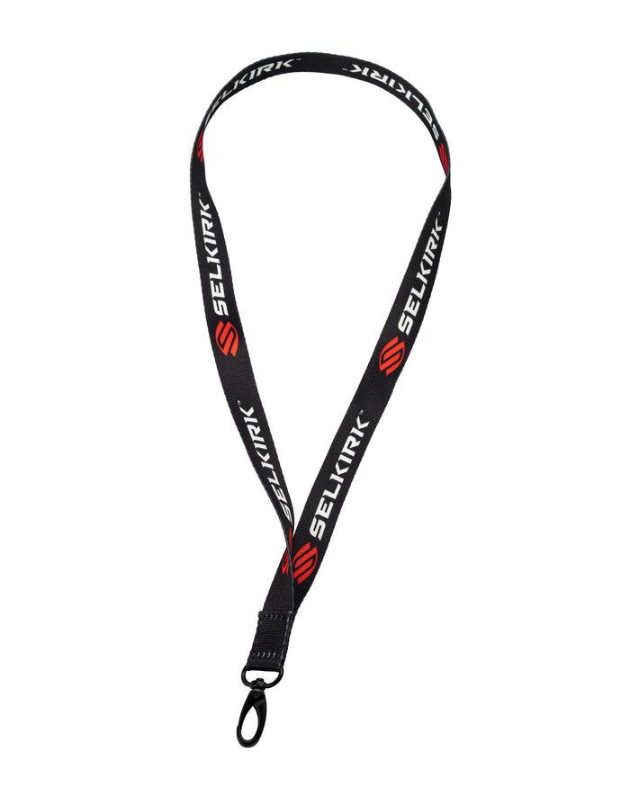 Black SELKIRK lanyard with repeating SELKIRK logo and metal swivel clip