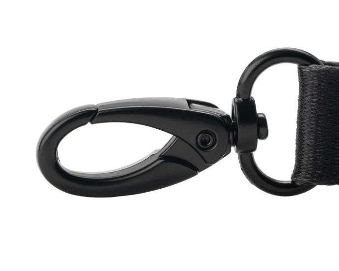 Black metal swivel snap hook attached to a woven strap