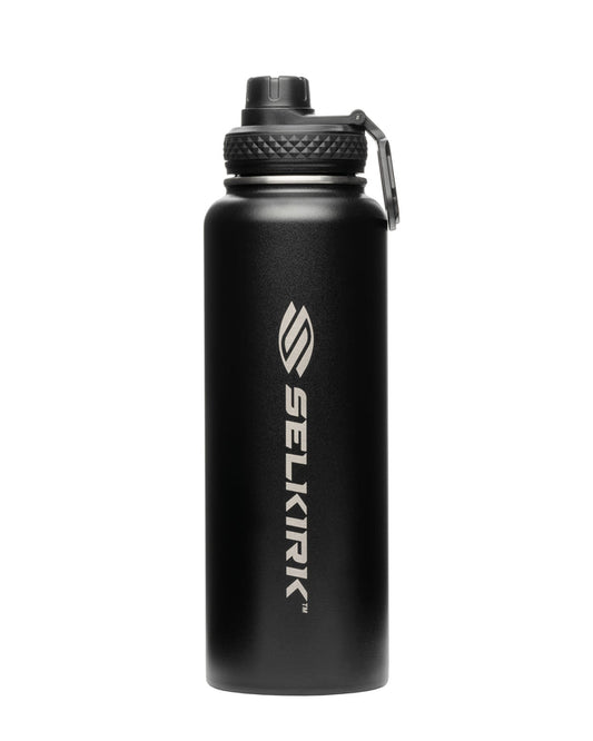 Black insulated metal water bottle with vertical SELKIRK TM logo and screw-top lid with carrying handle.