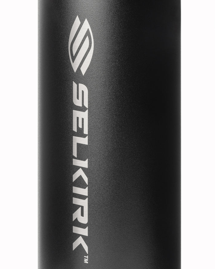 Close-up of Selkirk Sport Premium Pickleball Water Bottle showcasing black textured finish and vertical SELKIRK logo