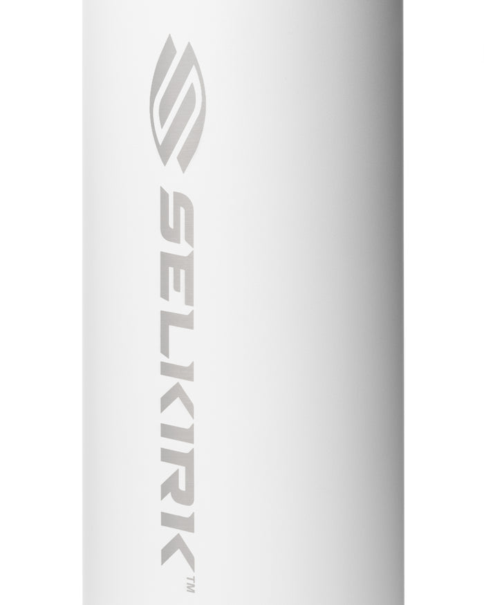 Close-up of the white Selkirk Sport Premium Pickleball Water Bottle showcasing the vertical SELKIRK logo on a white background
