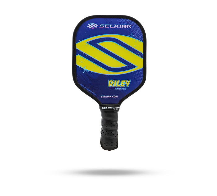 SELKIRK RILEY MINI PADDLE, blue face with yellow logo, SELKIRK.COM on lower face, black perforated grip