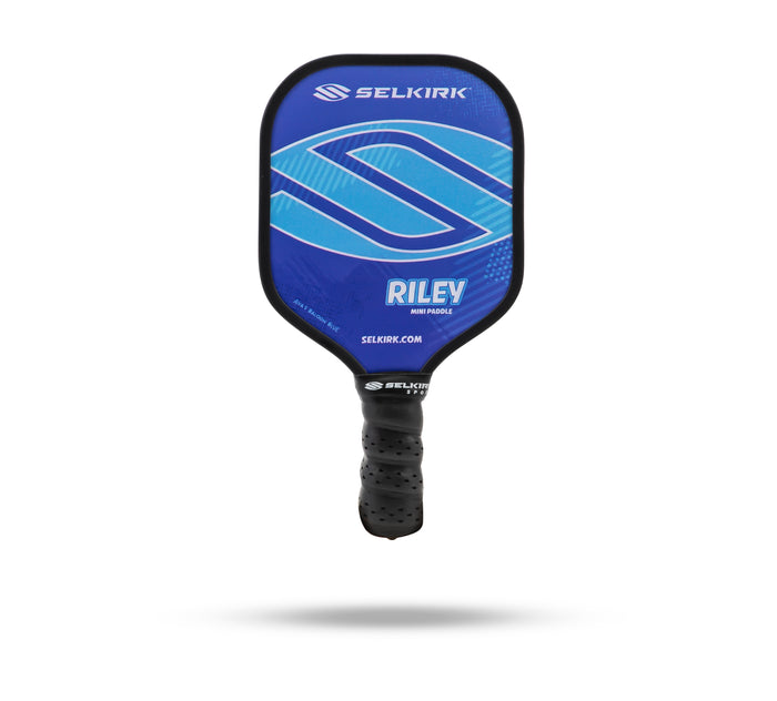 Blue Selkirk Riley mini paddle labeled SELKIRK, RILEY, MINI PADDLE, SELKIRK.COM