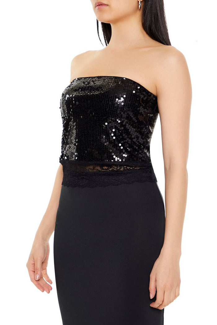 Sequin Lace-Trim Tube Top