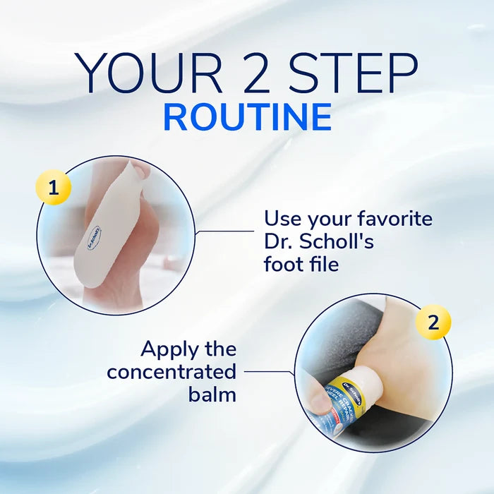 Two-step heel routine showing foot file and concentrated balm application
