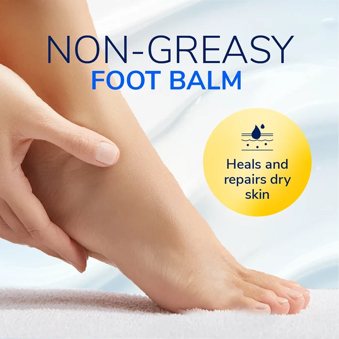 Non-greasy foot balm applied to heel by hand with yellow healing icon