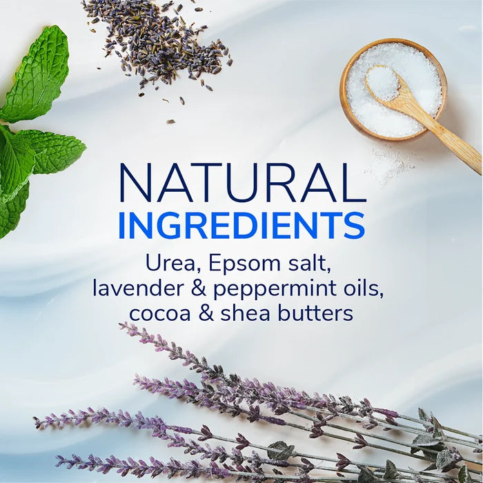Natural ingredient highlights with lavender sprigs, mint leaves, and salt dish