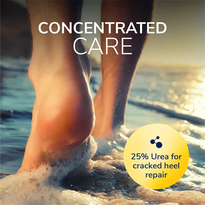 Feet soaking in water with yellow 25% urea cracked heel repair icon