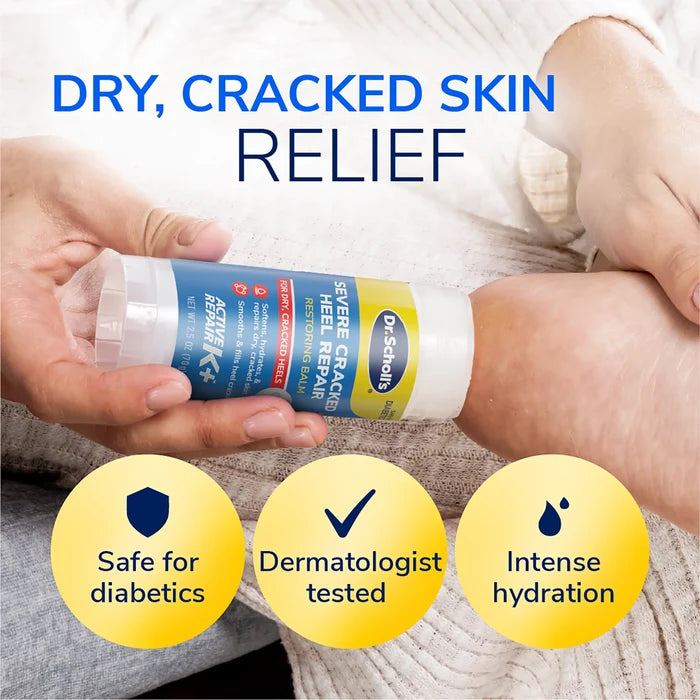 Heel balm being applied to cracked feet on a towel with hydration icons