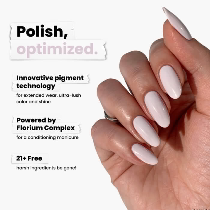 A hand with long, glossy, pale pink nails is shown. Text highlights LONDONTOWN's Ski Bunny (Professional) with innovative pigment technology and Florium Complex formula. This cream excludes over 21 harsh ingredients, adding elegance and care to your skincare routine.