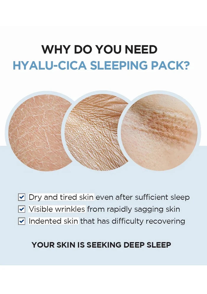 Advertisement for Hyalu-Cica sleeping pack showing skin conditions it addresses.