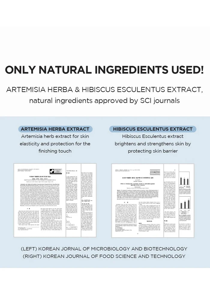 Product label with natural ingredients used, including Artemisia Herba and Hibiscus Esculentus Extract, with references to SCI journals.
