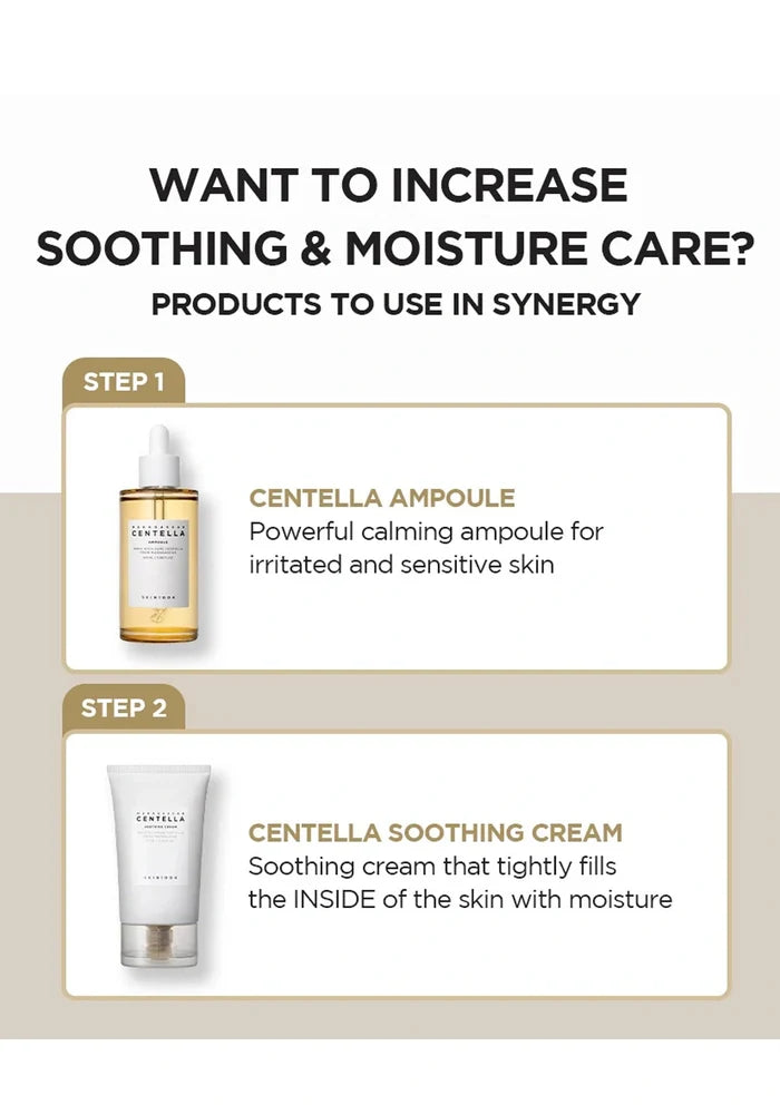 Skincare product advertisement with Centella Ampoule and Soothing Cream on a beige background.