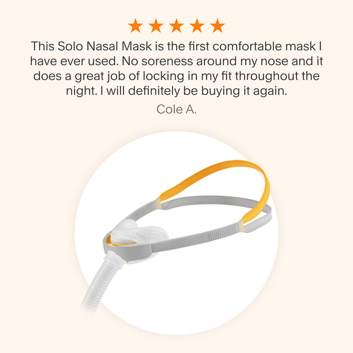 Testimonial praising the F&P Solo Nasal Mask for its exceptional comfort, preventing soreness around the nose, and maintaining a secure fit throughout the night, with plans for repurchase.