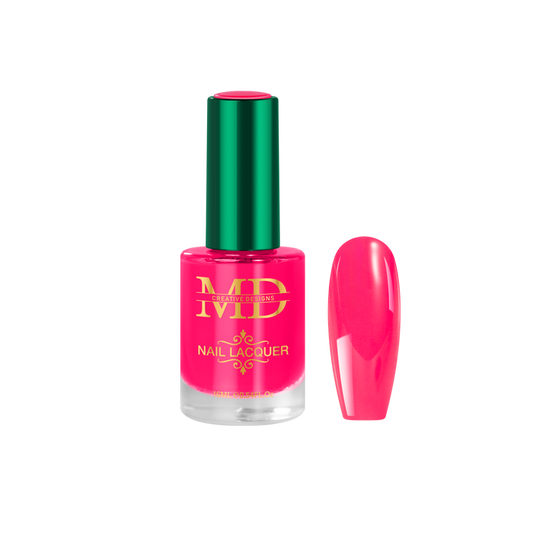 Pink nail polish bottle with green cap and matching nail tip color swatch on a white background