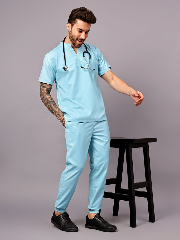 Stretchable (2Way) Men Aqua Blue Mandarin Neck With Jogger Scrub Set