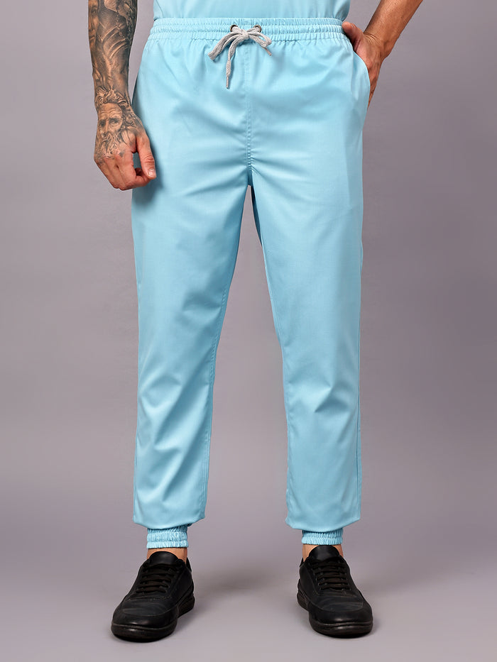 Stretchable (2Way) Men Aqua Blue Mandarin Neck With Jogger Scrub Set