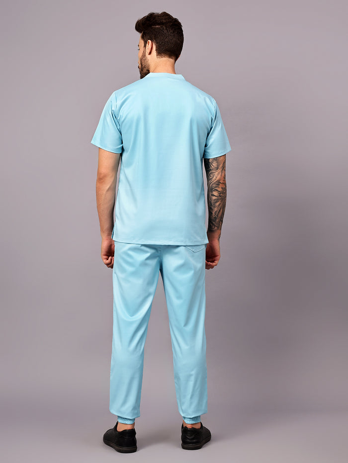 Stretchable (2Way) Men Aqua Blue Mandarin Neck With Jogger Scrub Set
