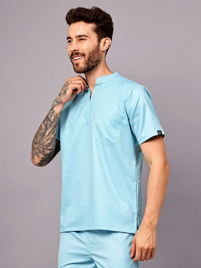 Stretchable (2Way) Men Aqua Blue Mandarin Neck With Jogger Scrub Set