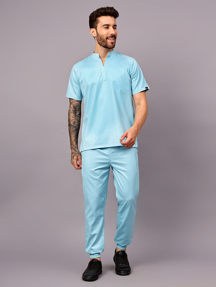 Stretchable (2Way) Men Aqua Blue Mandarin Neck With Jogger Scrub Set