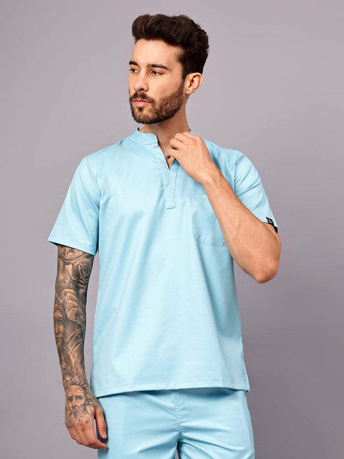 Stretchable (2Way) Men Aqua Blue Mandarin Neck With Jogger Scrub Set
