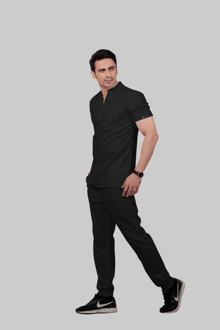 Stretchable (2Way) Men Black Mandarin Neck With Jogger Scrub Set