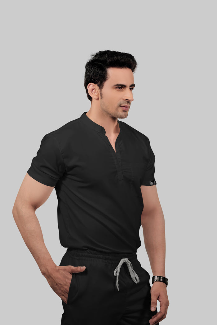 Stretchable (2Way) Men Black Mandarin Neck With Jogger Scrub Set