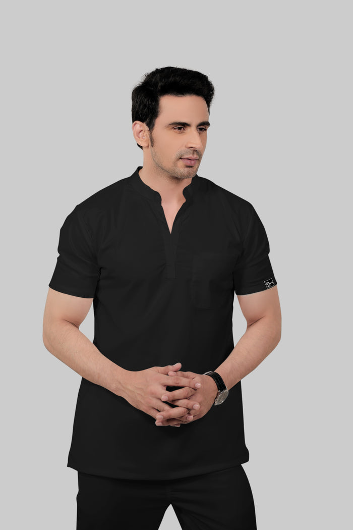 Stretchable (2Way) Men Black Mandarin Neck With Jogger Scrub Set