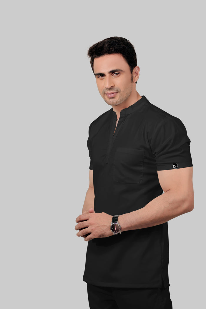 Stretchable (2Way) Men Black Mandarin Neck With Jogger Scrub Set