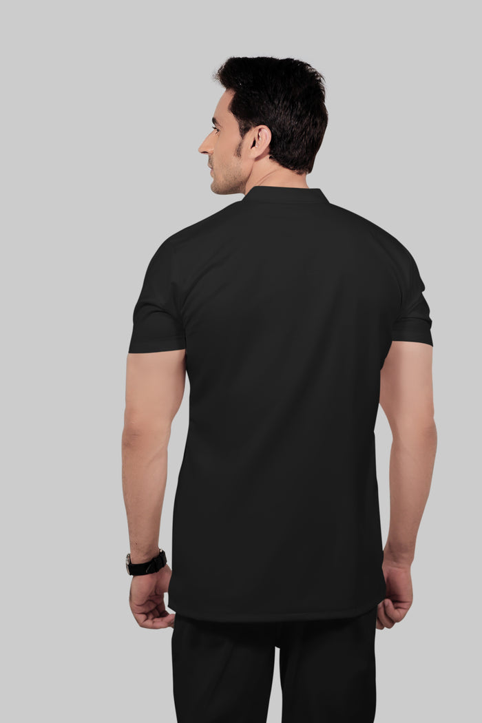 Stretchable (2Way) Men Black Mandarin Neck With Jogger Scrub Set