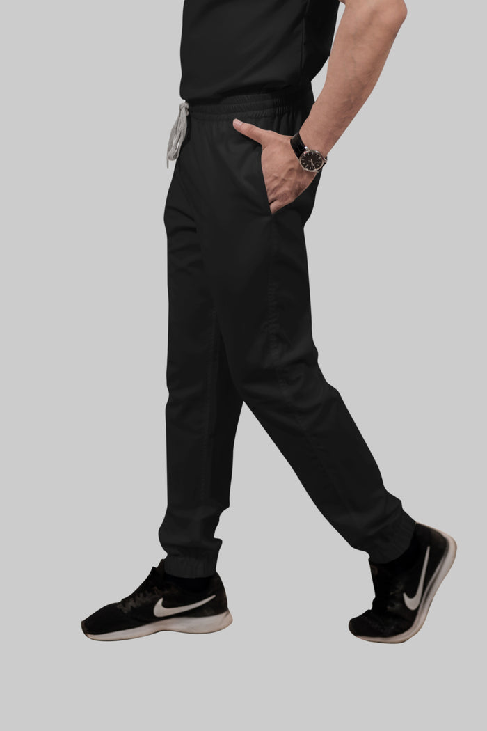 Stretchable (2Way) Men Black Mandarin Neck With Jogger Scrub Set