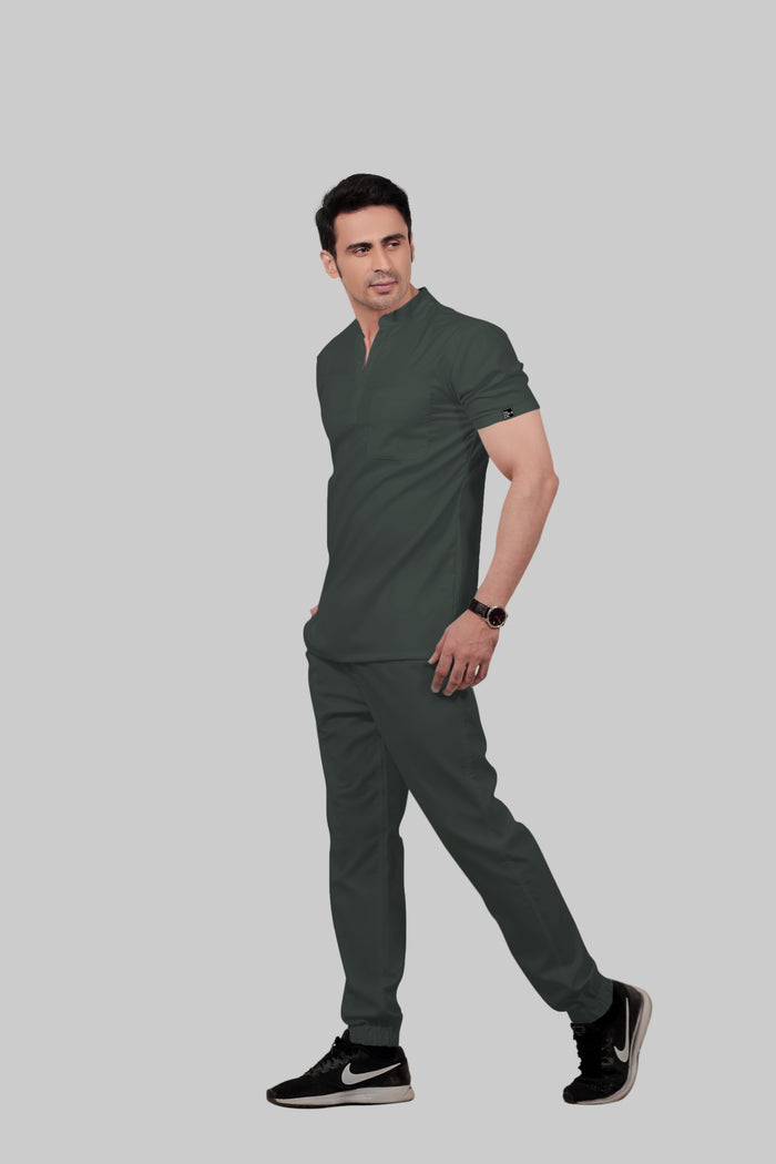 Stretchable (2Way) Men Bottle Green Mandarin Neck With Jogger Scrub Set