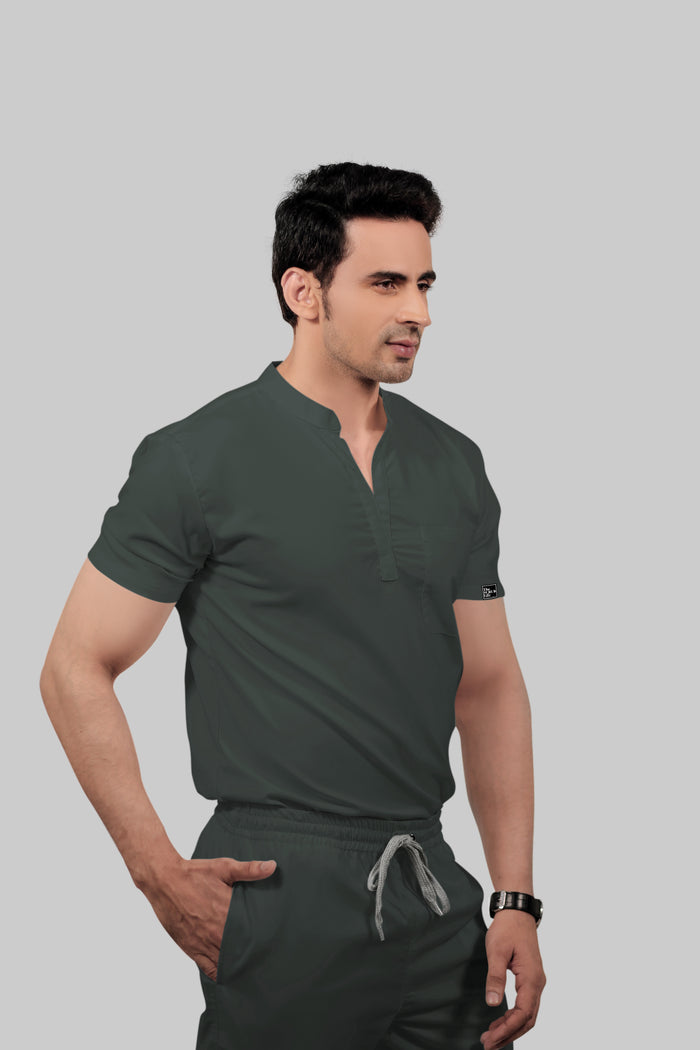 Stretchable (2Way) Men Bottle Green Mandarin Neck With Jogger Scrub Set