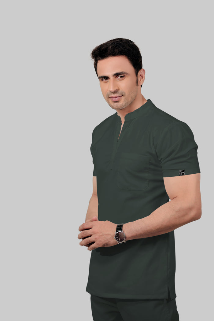 Stretchable (2Way) Men Bottle Green Mandarin Neck With Jogger Scrub Set
