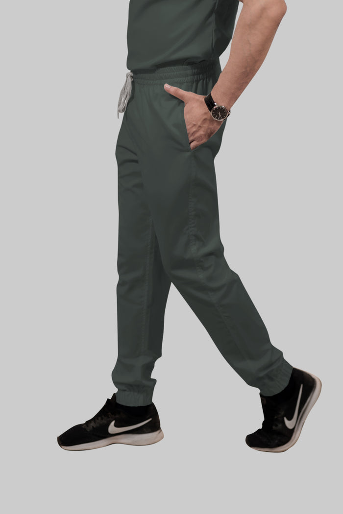 Stretchable (2Way) Men Bottle Green Mandarin Neck With Jogger Scrub Set