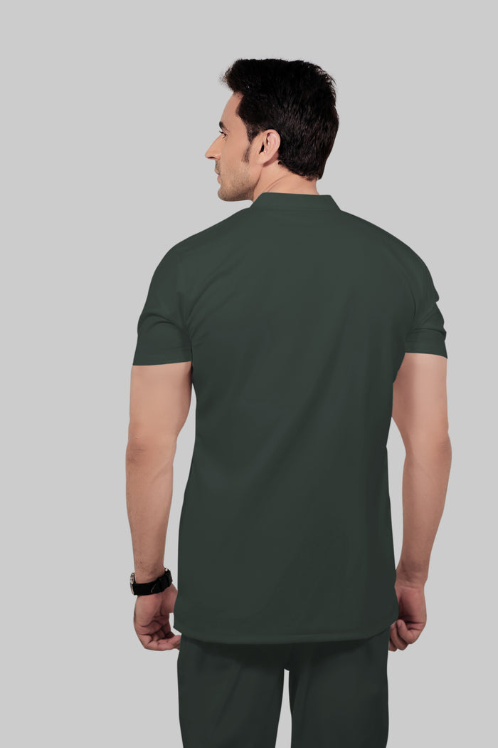 Stretchable (2Way) Men Bottle Green Mandarin Neck With Jogger Scrub Set
