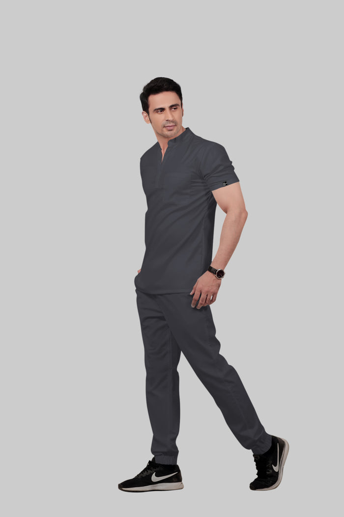 Stretchable (2Way) Men Dark Gray Mandarin Neck With Jogger Scrub Set