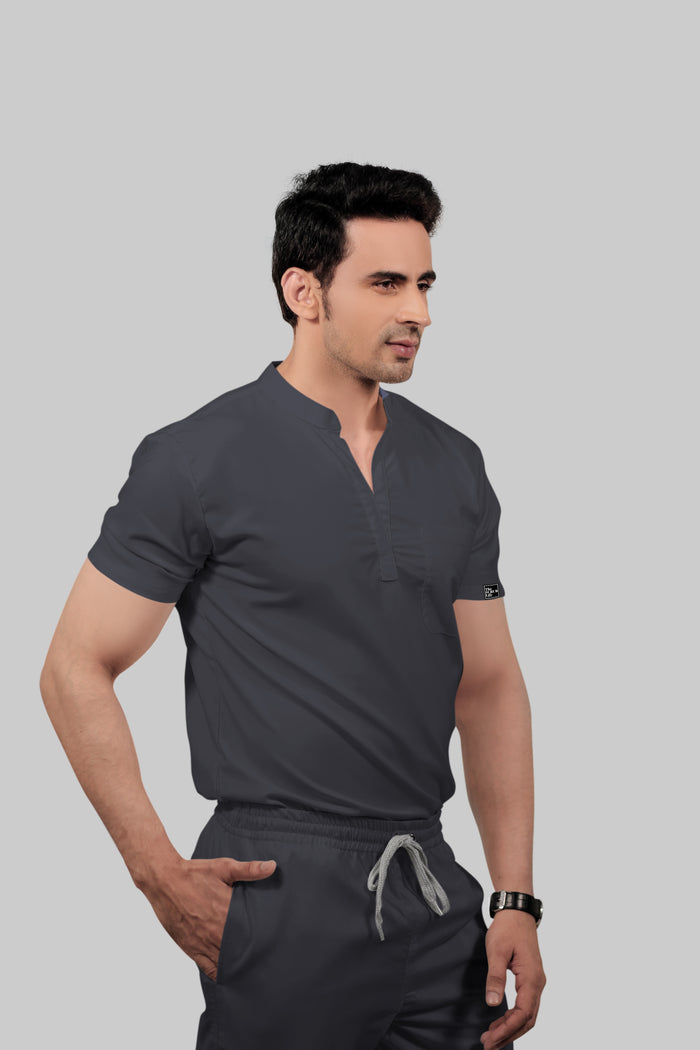Stretchable (2Way) Men Dark Gray Mandarin Neck With Jogger Scrub Set