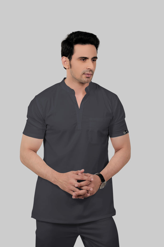 Stretchable (2Way) Men Dark Gray Mandarin Neck With Jogger Scrub Set