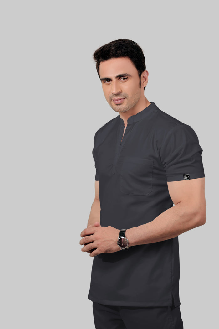 Stretchable (2Way) Men Dark Gray Mandarin Neck With Jogger Scrub Set