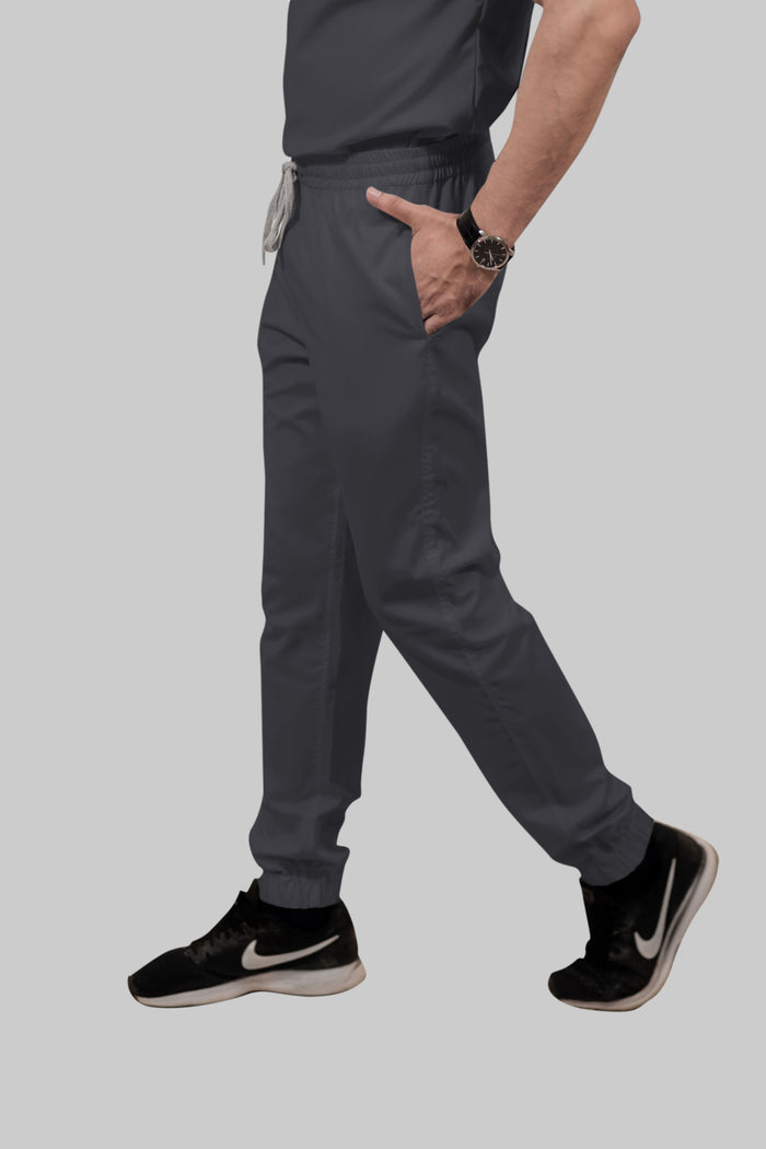 Stretchable (2Way) Men Dark Gray Mandarin Neck With Jogger Scrub Set