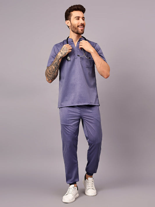 Stretchable (2Way) Men Denim Blue Texture Mandarin Neck With Jogger Scrub Set