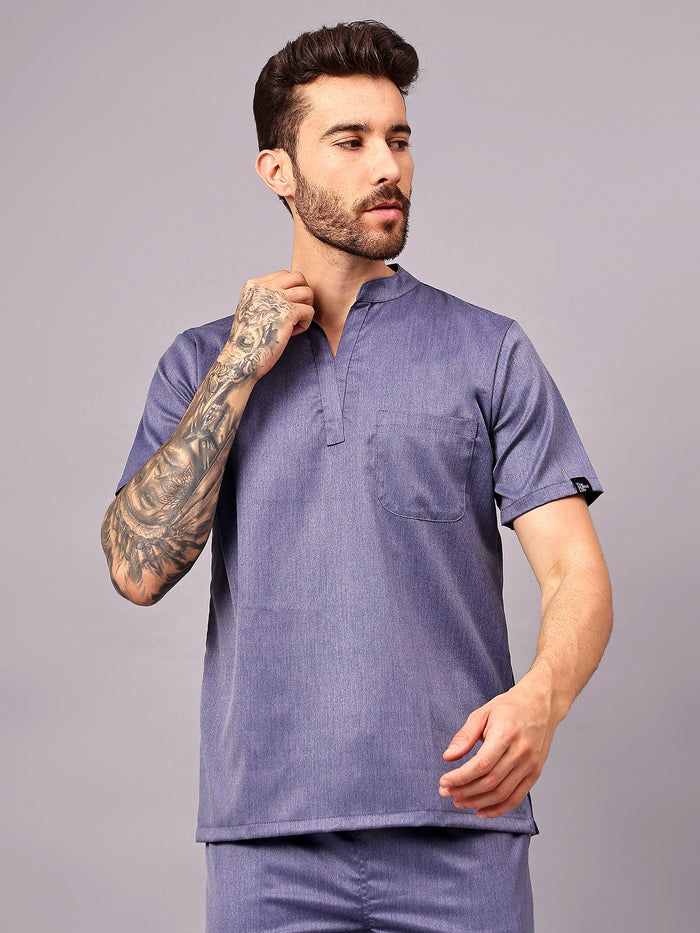 Stretchable (2Way) Men Denim Blue Texture Mandarin Neck With Jogger Scrub Set