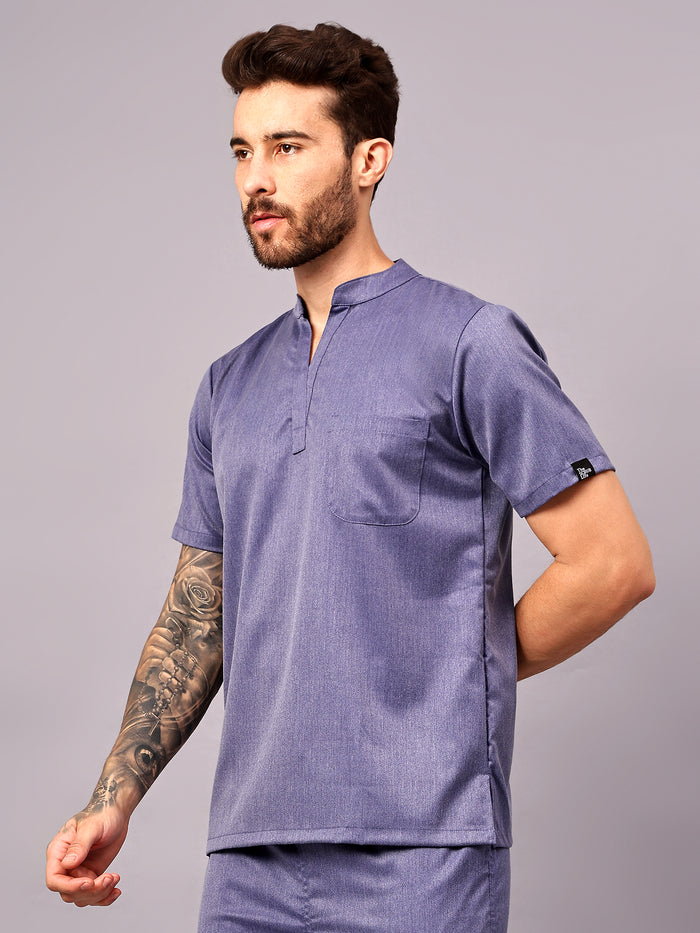 Stretchable (2Way) Men Denim Blue Texture Mandarin Neck With Jogger Scrub Set